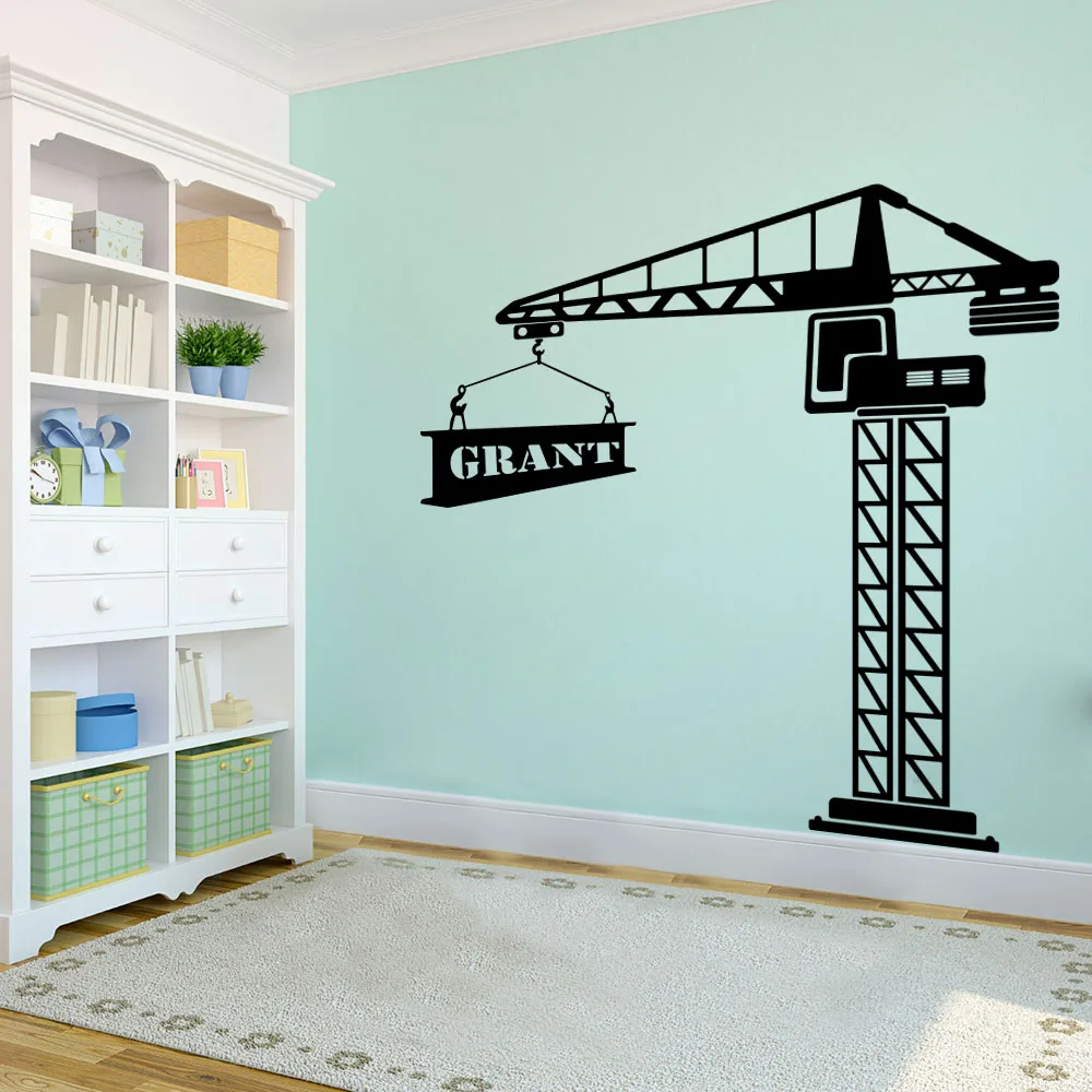 Custom Name Construction Crane Wall Sticker Decal Kids Room Teen Playroom Crane Themed Building Truck Car Vinyl Home Decor