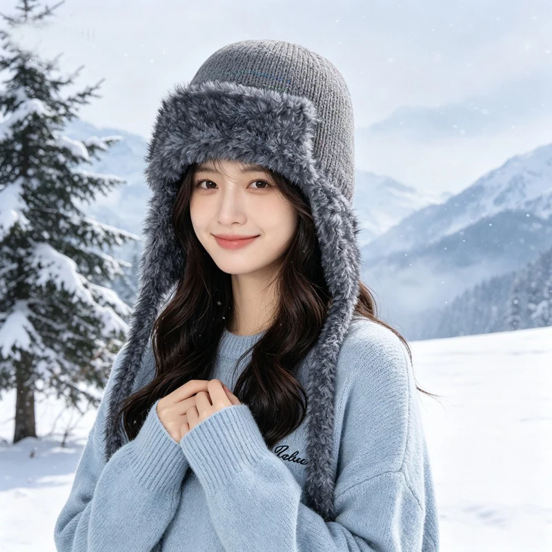 Winter outdoor warm pullover hat with windproof ear protection and knitted fashionable makes face look smaller, plush hat