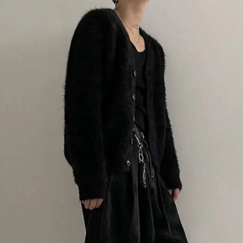 

New Fashion Men's Sweater Cardigan Mink Fleece V-Neck Knitted Coat Singele Breasted Autumn Korean Loose Overcoat