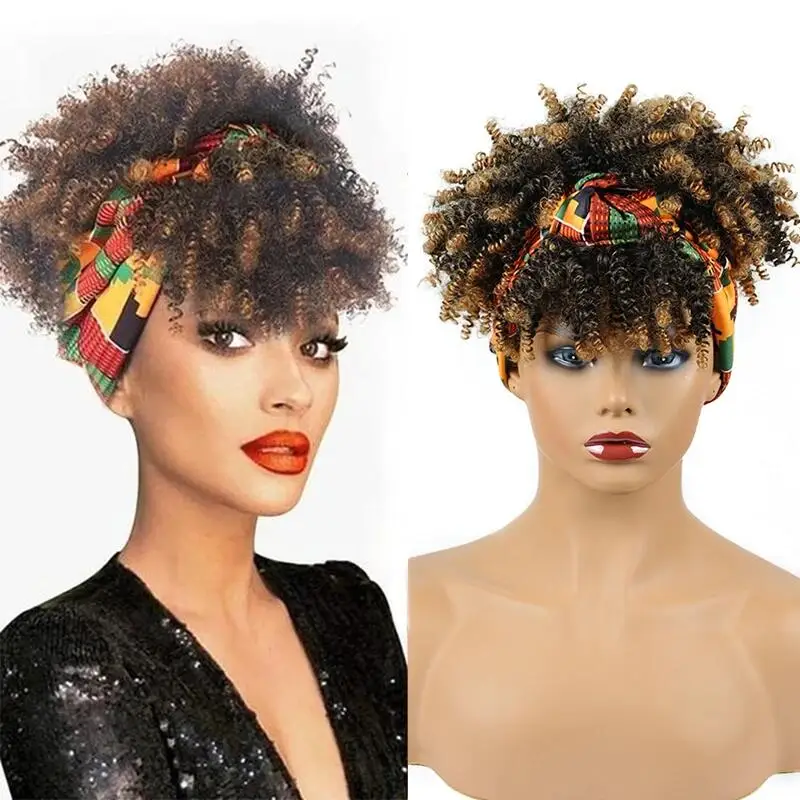المرأة الأفرو شعر مستعار شديد التجعد مع الاصطناعية خصلات الشعر المستعار القصير مع عقال المرفقة حك الباروكات غريب مجعد عقال شعر مستعار #4
