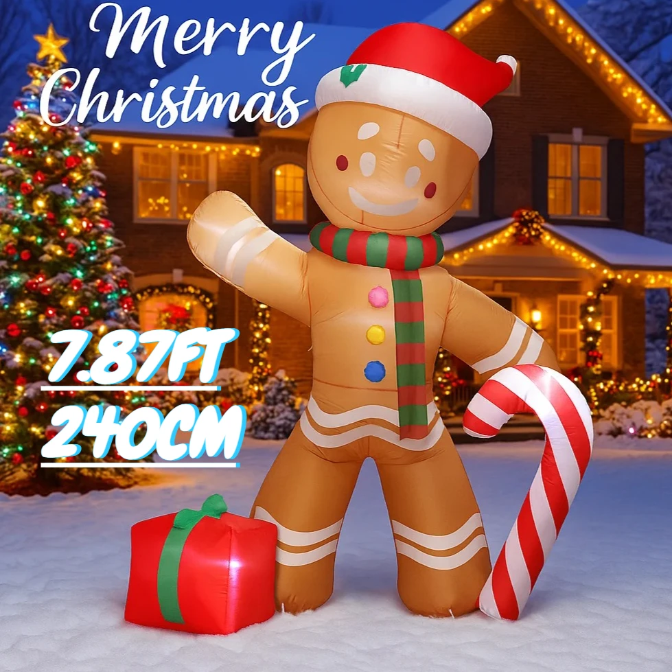 

7.87FT Inflatable Toy Gingerbread Man Candy Cane Gift Xmas Yard Decoration LED Lit Christmas Supplies Home Ornament Festive Gift