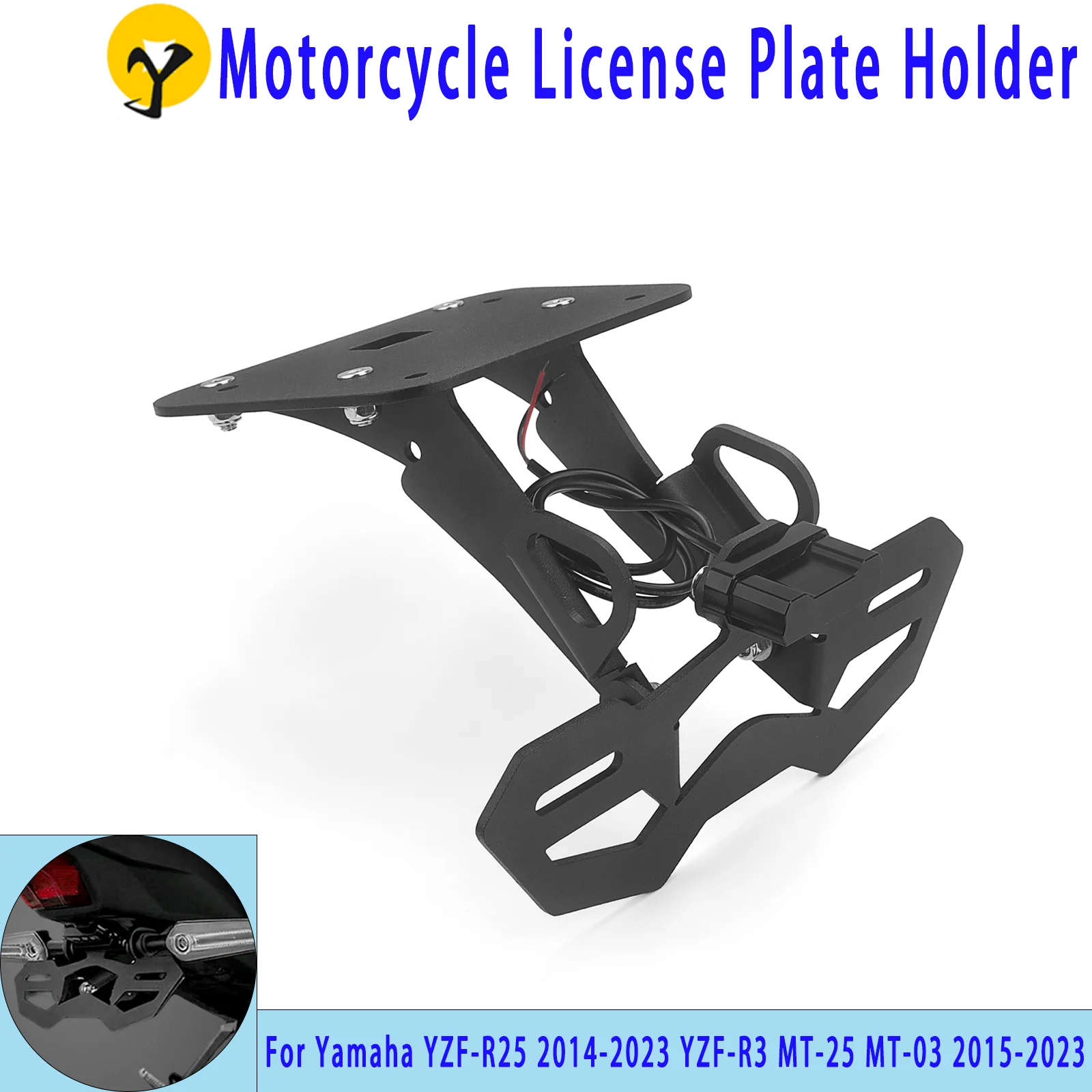 Motorcycle License Plate Holder, Compatible with Yamaha MT03, MT25, YZF-R3, R25 (2014-2024 Models), LED Light, Mudguard Removal