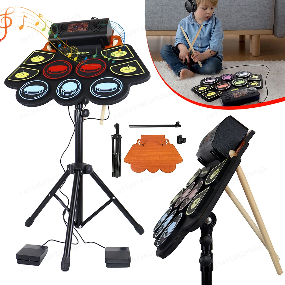 Electric Drum Set Roll-Up Drum Practice Pad with Stand Drum Sticks and Pedals Portable Drum Kit for Kids Adults Birthday Gift