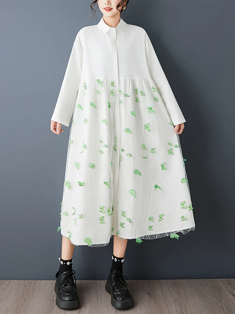 شبكة المرقعة المتضخم خمر قميص فساتين للنساء جديد كم طويل فضفاض فستان كاجوال ملابس أنيقة ربيع الخريف 2025 #3