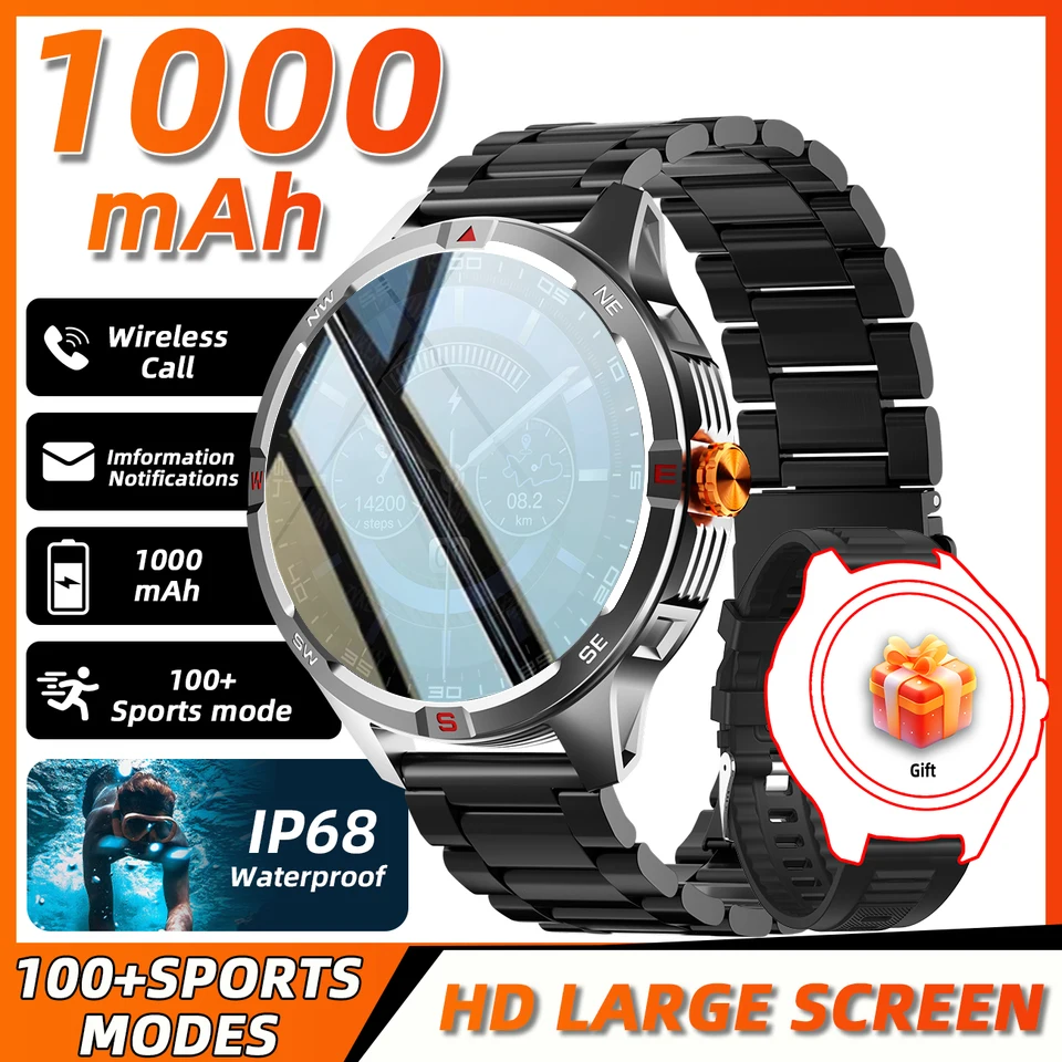 

Прочные мужские умные часы в стиле милитари, Bluetooth-вызов, аккумулятор 1000 мАч, время ожидания 100 дней, экран 1,46 дюйма, IP68, водонепроницаемый, движение t