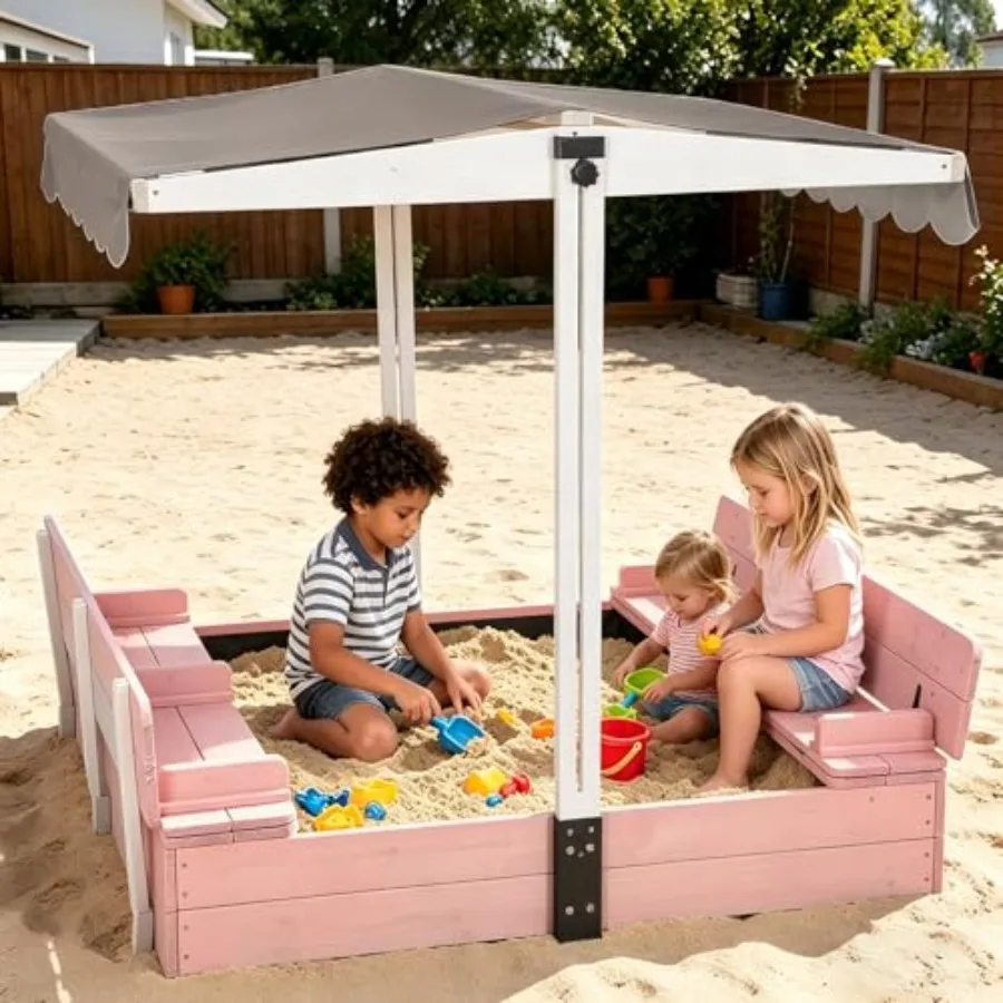 Backyard sandbox for 4 children, UV-resistant polyethylene canopy, beige, 0 adjustable roof with 2 convertible bench seats and
