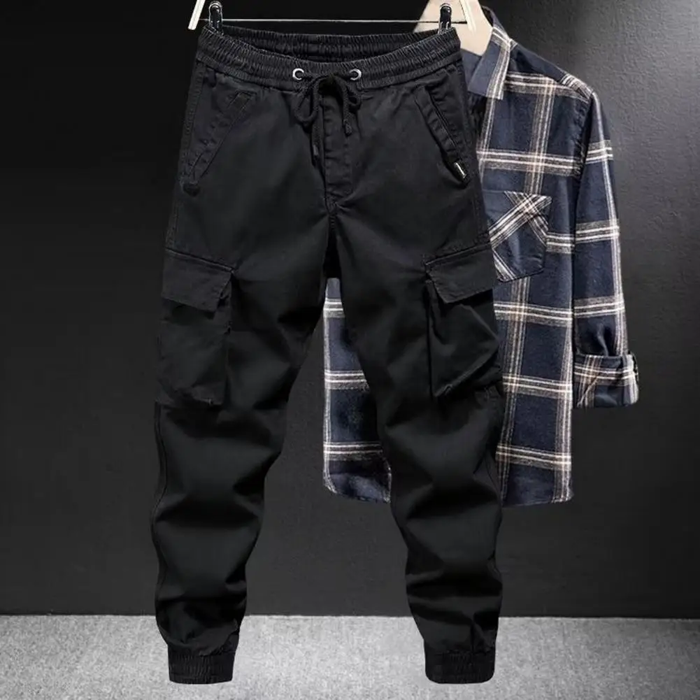 Multi-pocket Overalls Men\'s Cargo Pants with Drawstring Waist Multiple Pockets Ankle-banded Design for Daily Sports Streetwear