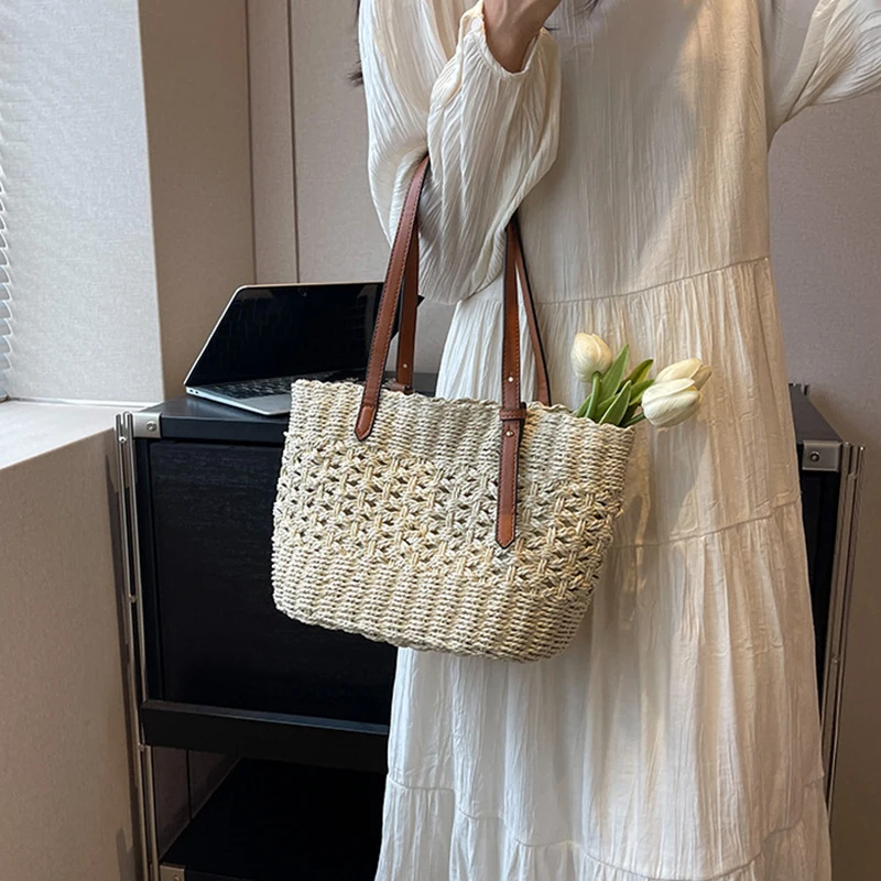 Designer Casual Rattan Wicker Tote Bag Große Kapazität Gewebt frauen Sommer Strand Stroh Handtasche Dame Reise Großen Korb – Detail 11