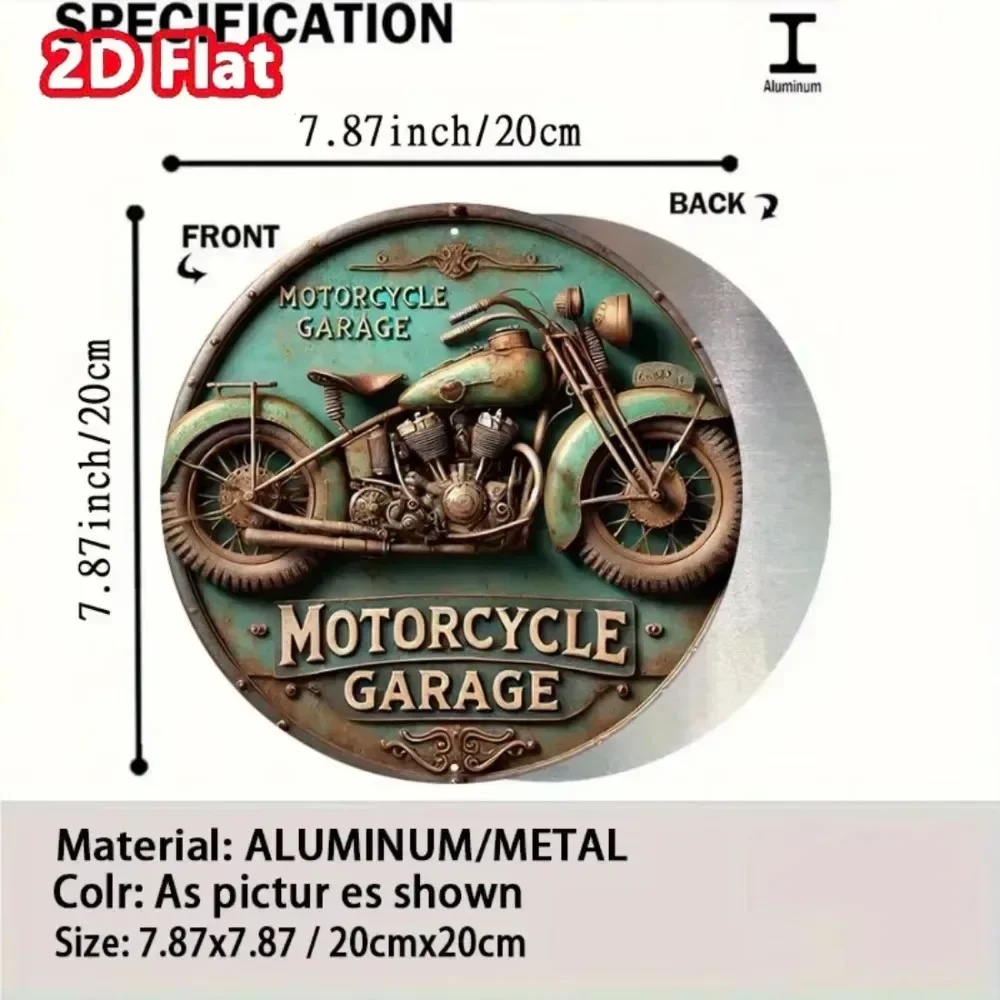 1pc Retro Motorcycle Garage Round Metal Sign 20x20cm Vintage Biker Wall Decor for Man Cave Bar Home Gift