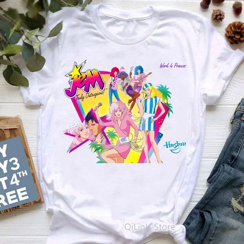 Fashion Jem And The Holograms T Shirt 90s Girls Cool Shirt Femme Fans Clothes Summer White Hip Hop Rock Tshirt Geek Tops Tee