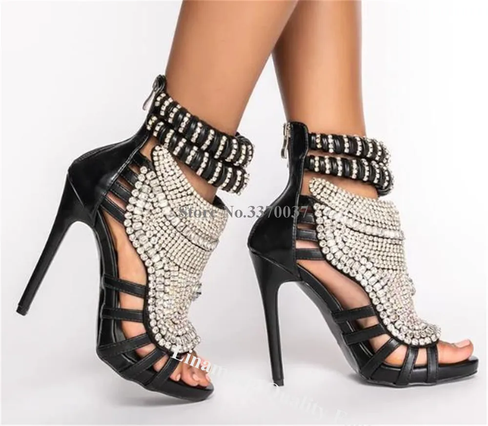 Linamong Bling Bling Rhinestones Cut-out Stiletto Heel Short Boots Open Toe White Nude Black Diamonds Crystals Thin Heel Sandals