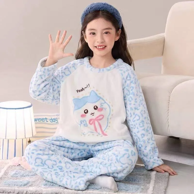 2027 New Cute Anime Chiikawa Character Print Pajamas Set Fleece Top Winter Cozy Flannel Home Sleepwear Cartoon Family Matching