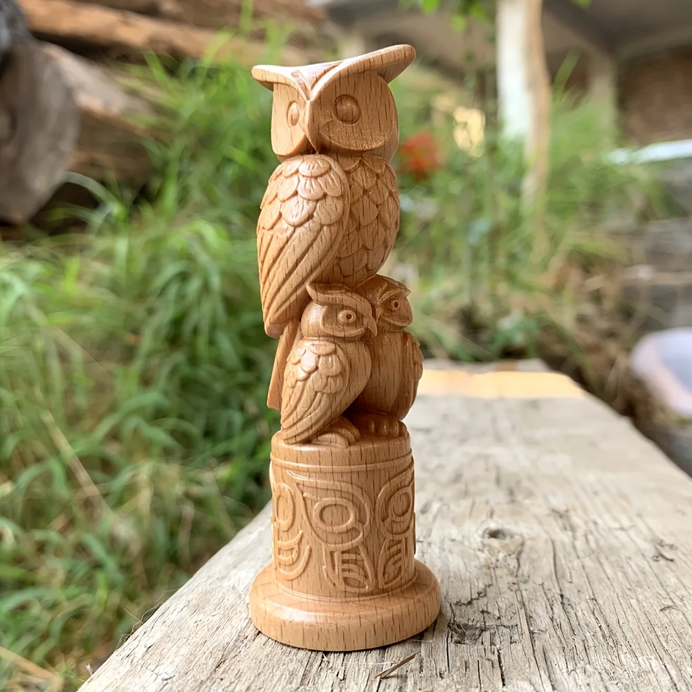 Statue de hibou en bois massif sculptée à la main de 3,85 pouces, style artistique, idéale pour cheminée, décoration de fêtes, décoration intérieure, cadeau de rentrée scolaire, ornement de bureau, cadeau de Nouvel An, bureau, ornement de table
