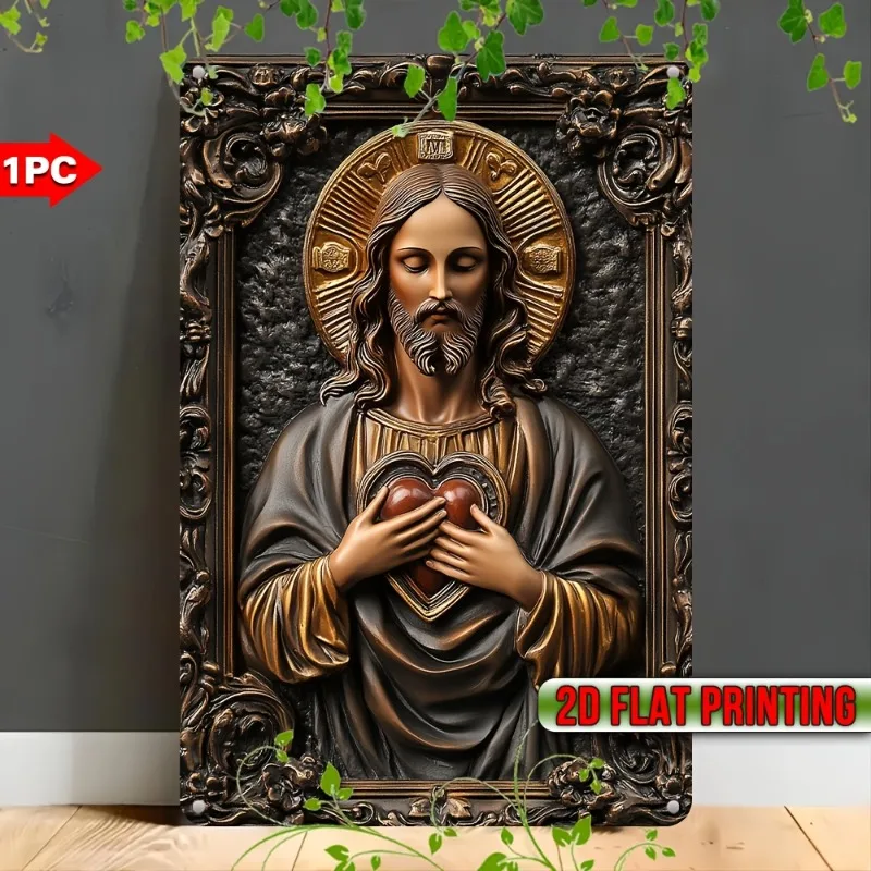 

2D Vintage Religious Metal Aluminum Tin Sign, 8X12Inch, Sacred Heart Jesus Christ Wall Art, Multipurpose Decor for Home, Garden