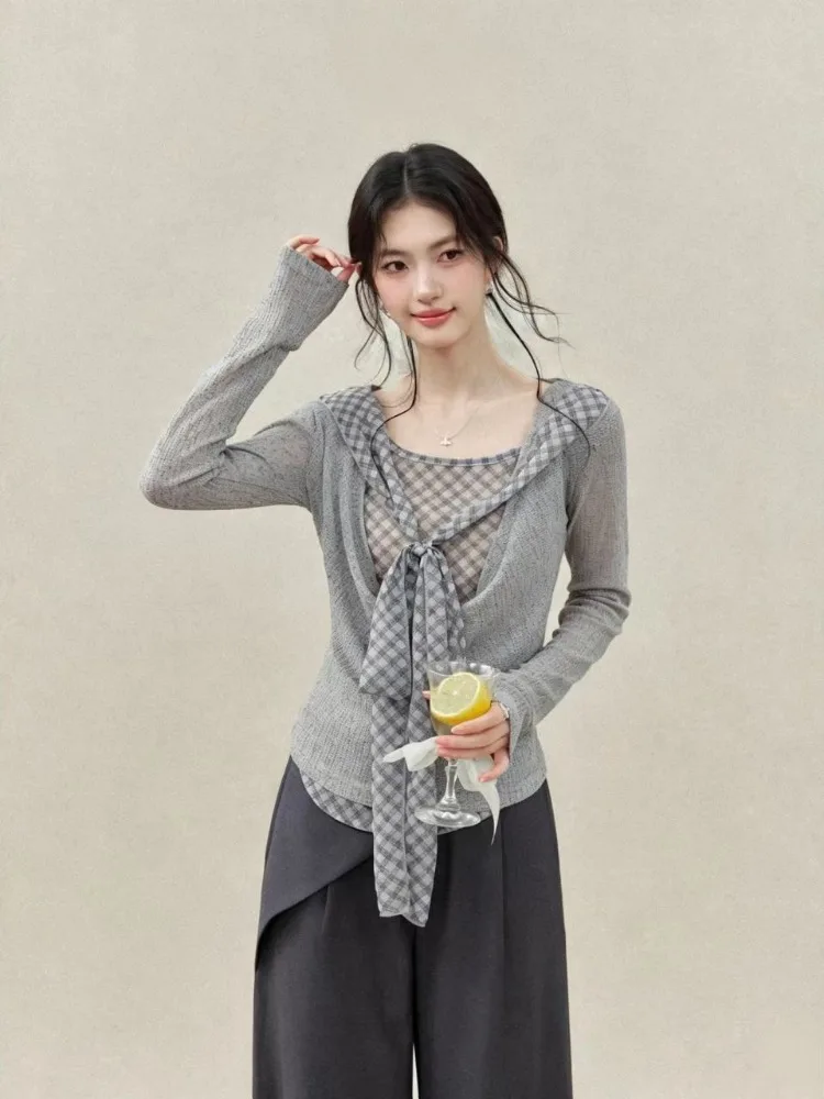 Kimotimo Fake Two Piece Plaid Patchwork Long Sleeve Top Women Autumn Bow Bandage Slim Thin T-shirts Y2k Aesthetic Vintage Tees