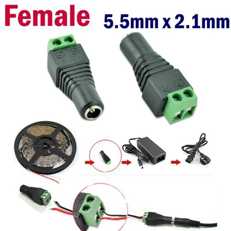 1/2/5pcs Male  Female 12V DC Power Connector, Power Jack Plug Barrel Adapter,For 2Pin 5050 3528 Single Color LED Strip