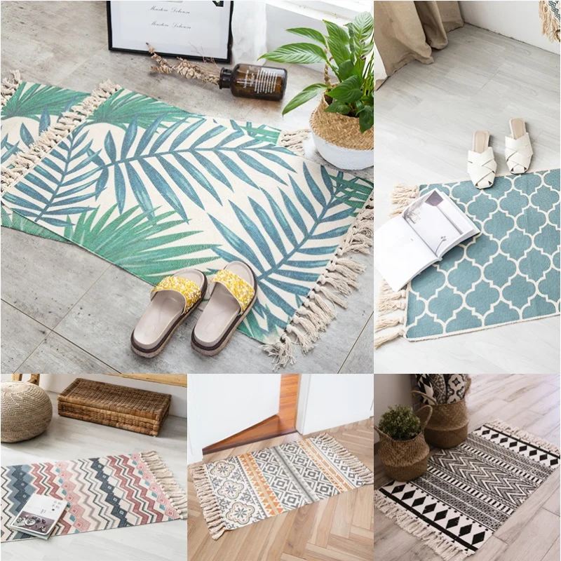 

Nordic Cotton and Linen Floor Mat Ethnic Style Carpet Doormat Mat Entrance Bedroom Non-Slip Mat Home Bohemian Rugs