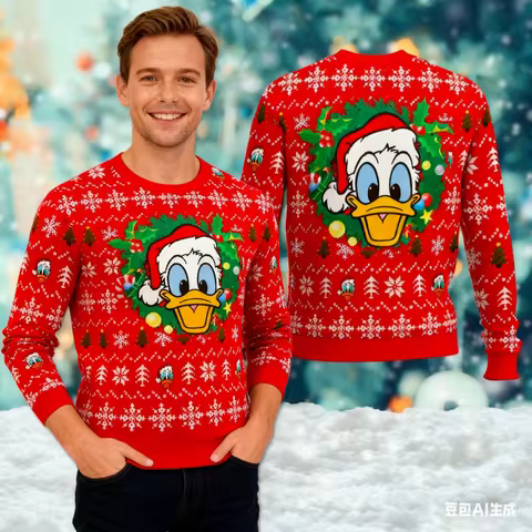Men's Christmas Sweatshirt Funny Donald Duck Cartoon Print Loose Crewneck Top Winter Long Sleeve Casual T-Shirt