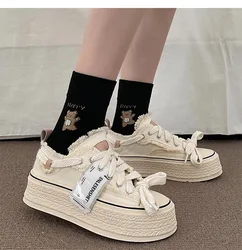 Spring Frayed Old Canvas Sneaker Women's Autumn Vulcanized Shoes Girls Stacked Med Heel Trainers Woman Tassel Platform Sneakers