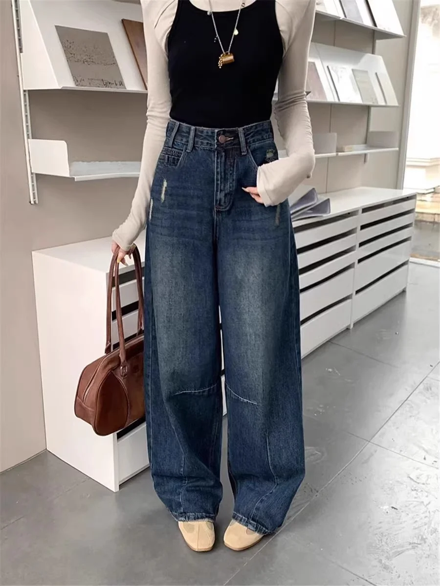 

Американские джинсы с высокой талией и широкими штанинами, женские, свободного кроя, повседневные, прямые, осенние, новинка, большие размеры, стройнящие