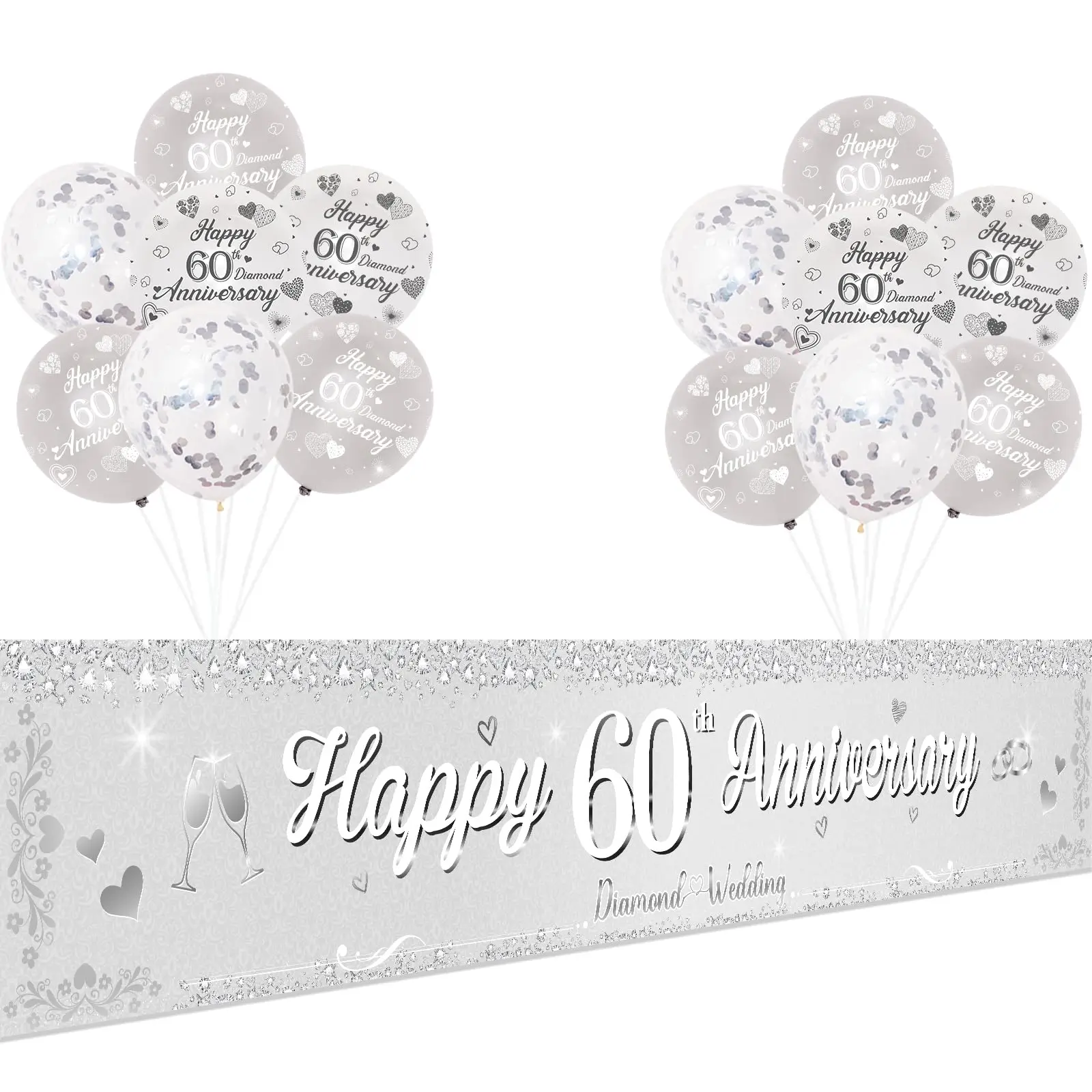 

Kreatwow Jollyboom 60th Wedding Anniversary Decorations Banner, Happy Courtyard Silver White for Men