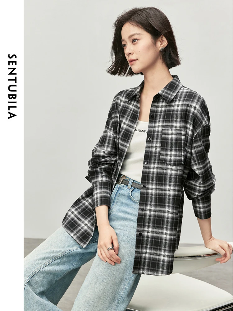 SENTUBILA Women Patchwork Loose Shirt   2024 Autumn Fashion Casual Turn Down Collar Long Sleeve  Blouse 143C56458