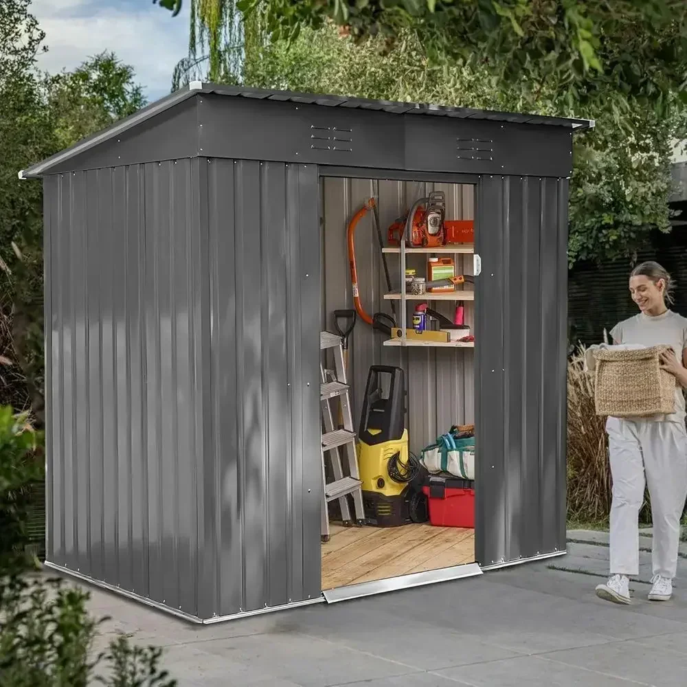6x4 Outdoor Garden Storage Shed with Lockable Door and Sloping Roof, Durable Metal, Light Gray
