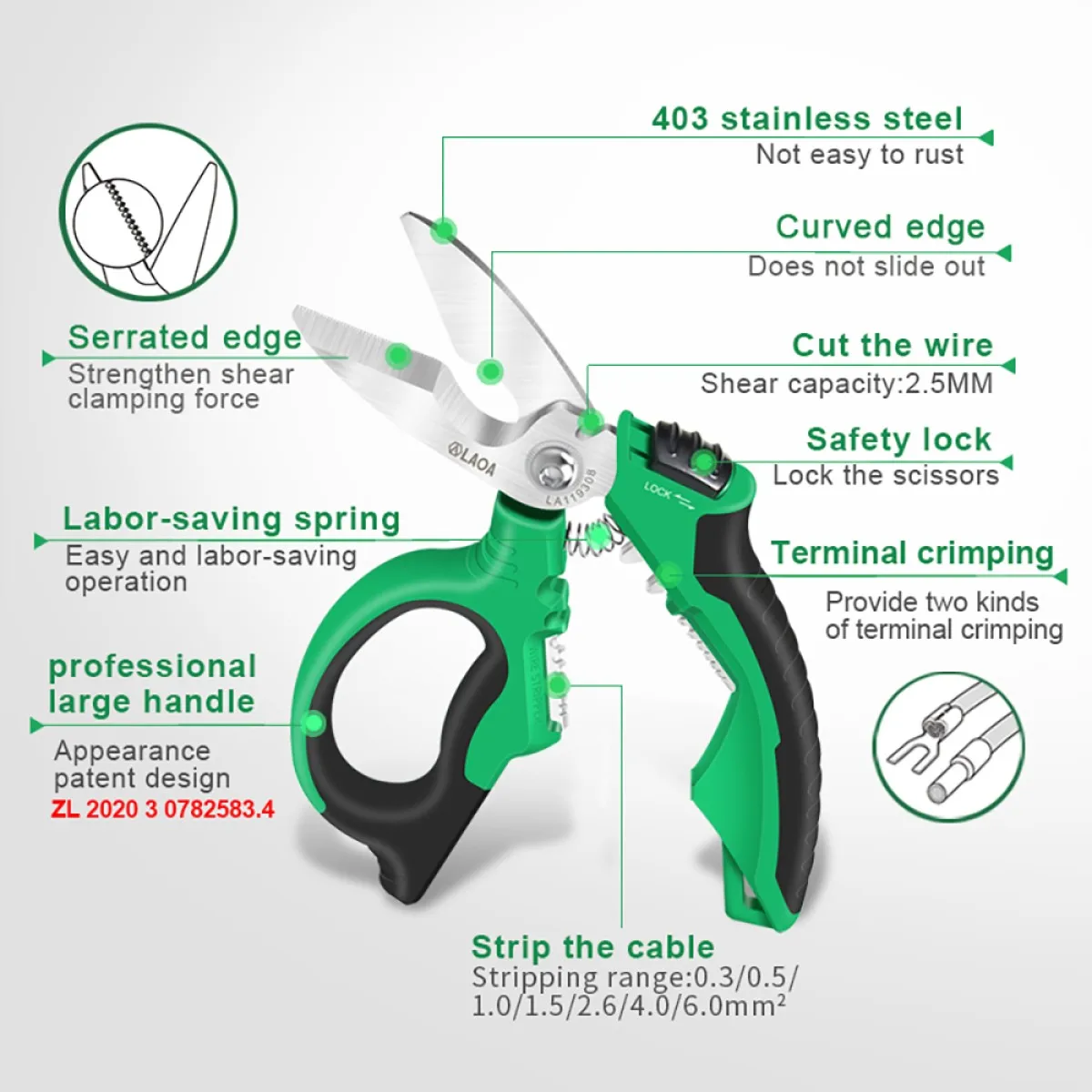 LAOA 8" Electrician Pliers Wire Stripper Cutter Crimper CR-V Steel 3-in-1 Multi-Function Hand Tool 205mm