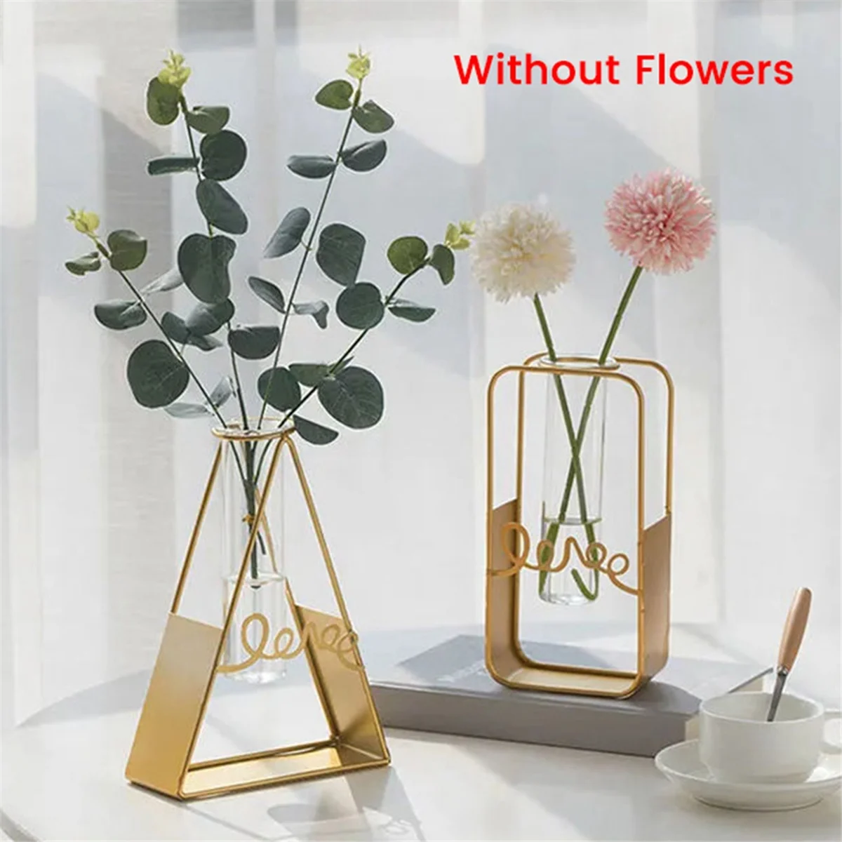 Metal Flower Vase Stand Transparent Glass Vase Desktop Household Hydroponic Plants Home Decor Office Decoration A