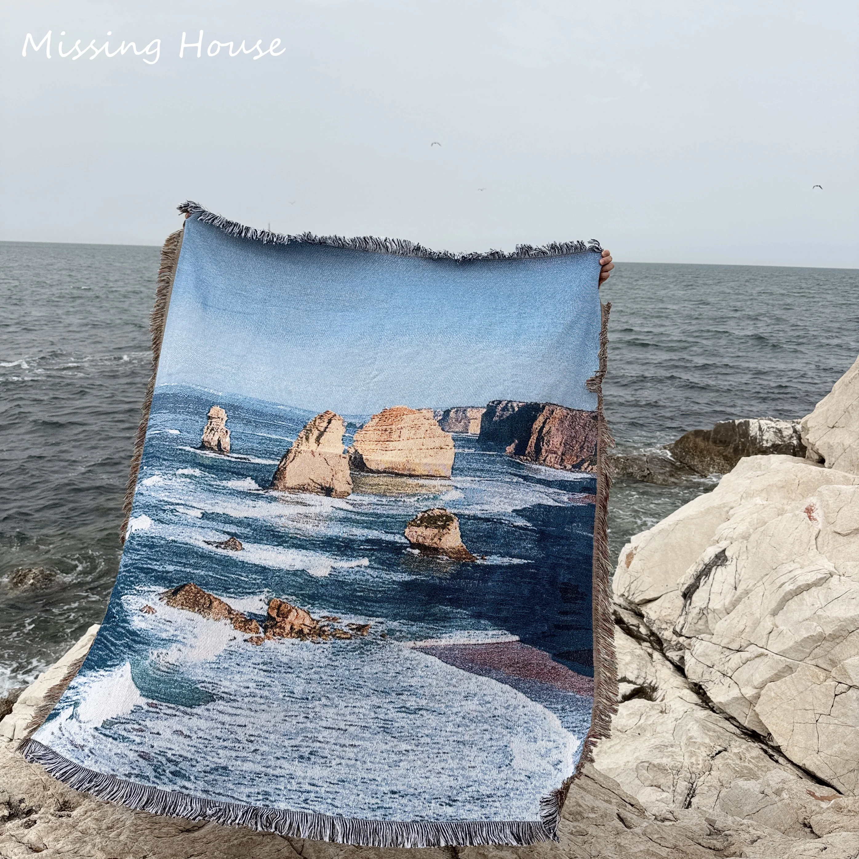 Boho Blue Sky Summer Sea Beach Stone Cotton Woven Throw Blanket Tapestry Beach Picnic Home Decro