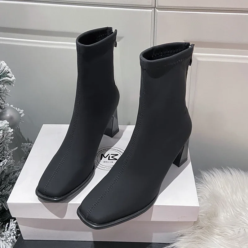 Mid-Calf Square Heel moderne Stiefel für Frauen 2024 heißer Verkauf Winter solide Damenschuhe Square Toe Reiß verschluss Stiefel Botas Mujer