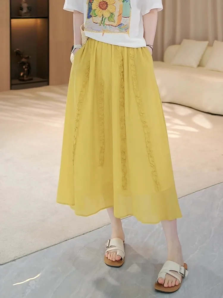 Spring 2026 New Yellow Lace A-Line High Waist Loose Slim Long Skirt Women's Casual Warm Hollow out H-Shape Elastic Waist Skirt