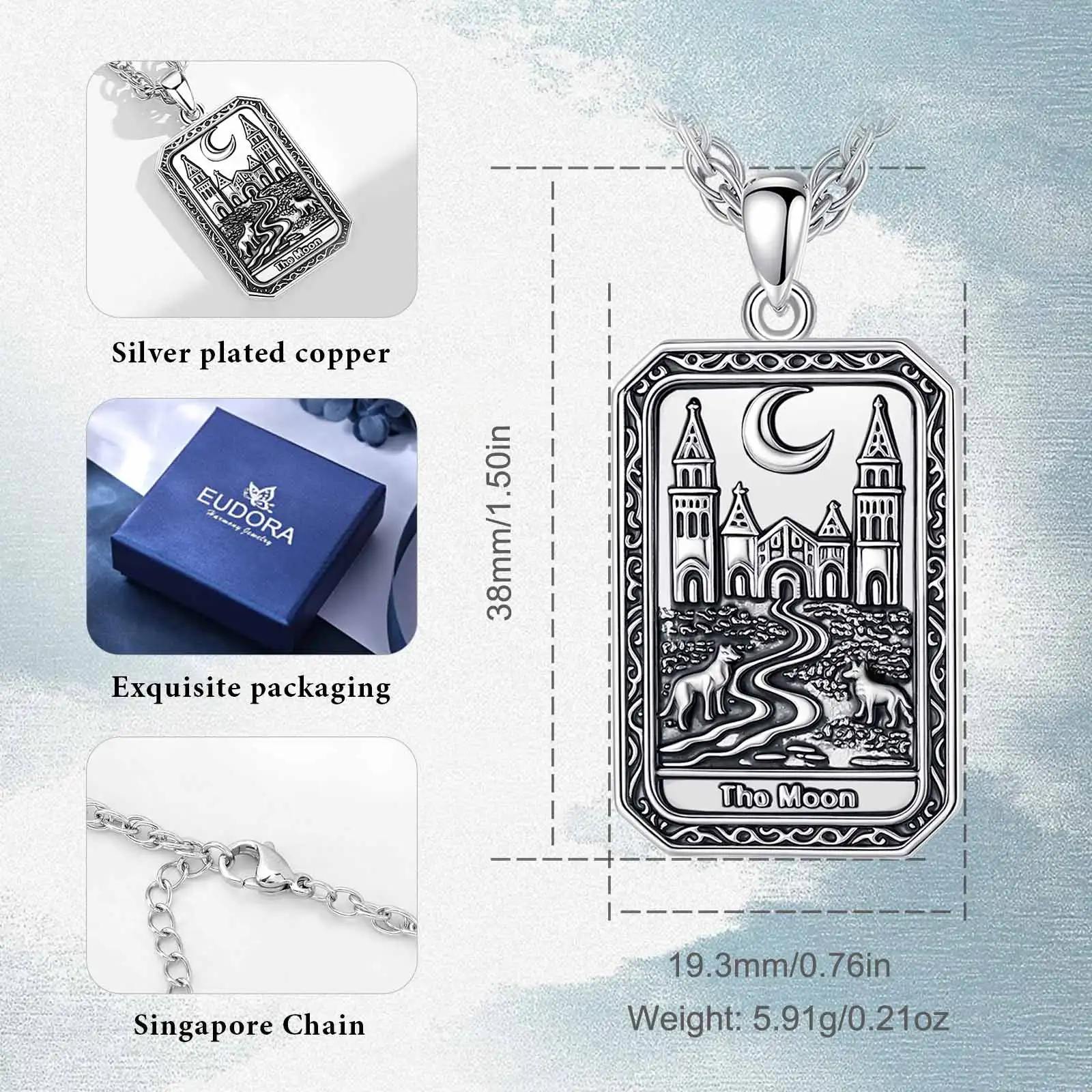 Eudora Copper Tarot Cards Necklace Tho Moon Amulet Vintage Major Arcana Divination Pendant Spiritual Jewelry Gift for Women Men