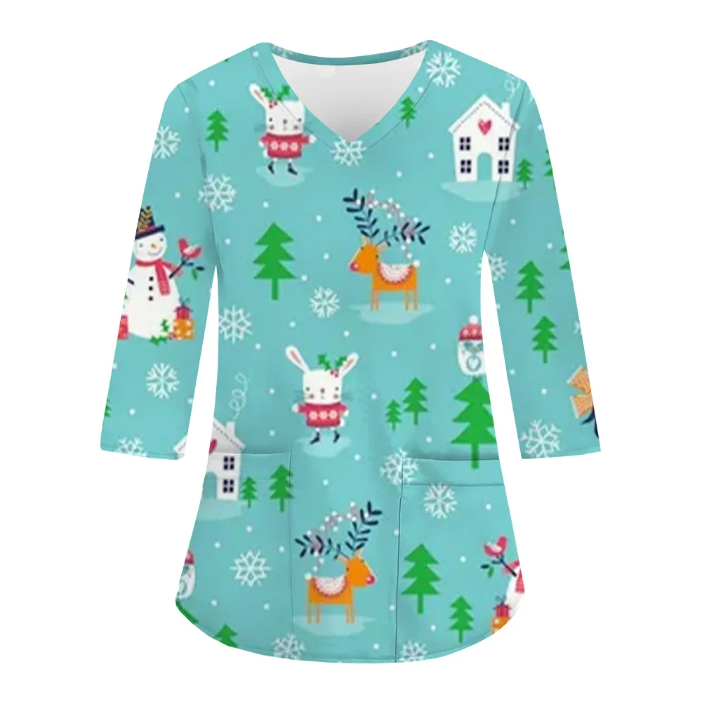 Sanitary Uniform Woman Cute Santa Claus Fun Patterned Prints V-Neck Long Sleeve Pockets In Micro-Elastic Material Tops Clinical