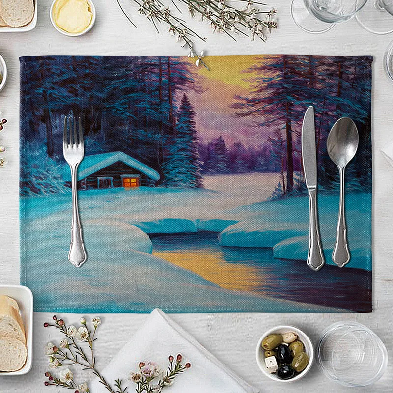 Forest Pattern Placemats Snow Landscape Tree River Printed Table Mats Anti-Slip Placemats for Table Coffee Table Decor Coasters