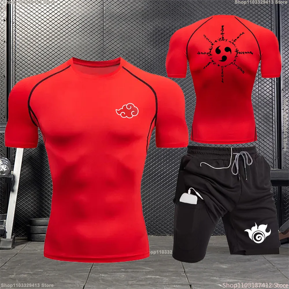 Jogging Breathable Compression Sportswear Summer Men\'s Training Two-piece Tight T-shirt Fitness Shorts Gym Workout Set S-3XL