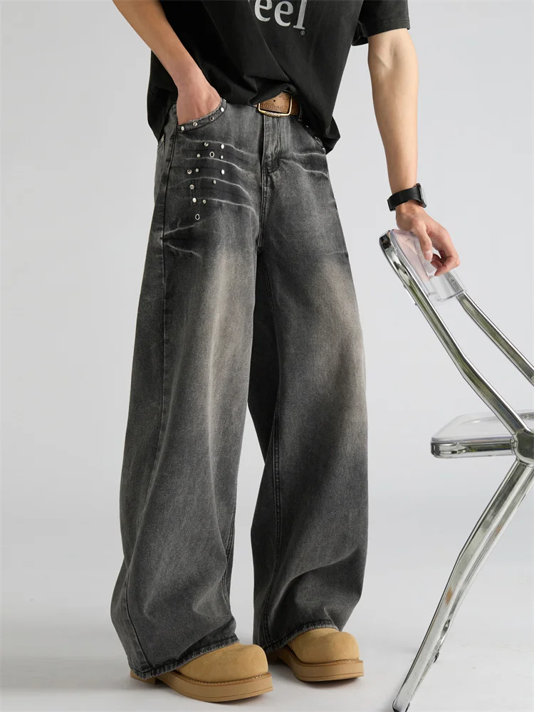 

Retro Rivet Faded Lightning Cra Men's Jeans High Street American Design Loose Straight Leg Long Trousers Casual Youth Faion
