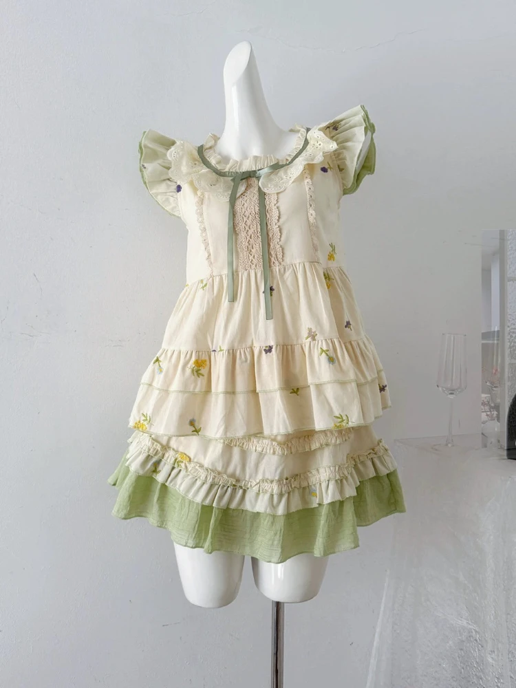 

Women Two Piece Set Sweet Lolita Style Short Sleeve Bow Top and Ruffle Mini Skirt Print Cute Korean Outfit Summer Matching Suit