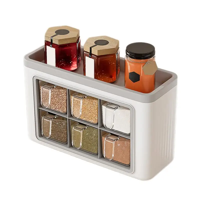 Seasoning Racks With 6 Compartment No-Drill Household Case Transparent Condiment Jar with Spoon and Lid for Salt Pepper Paprika