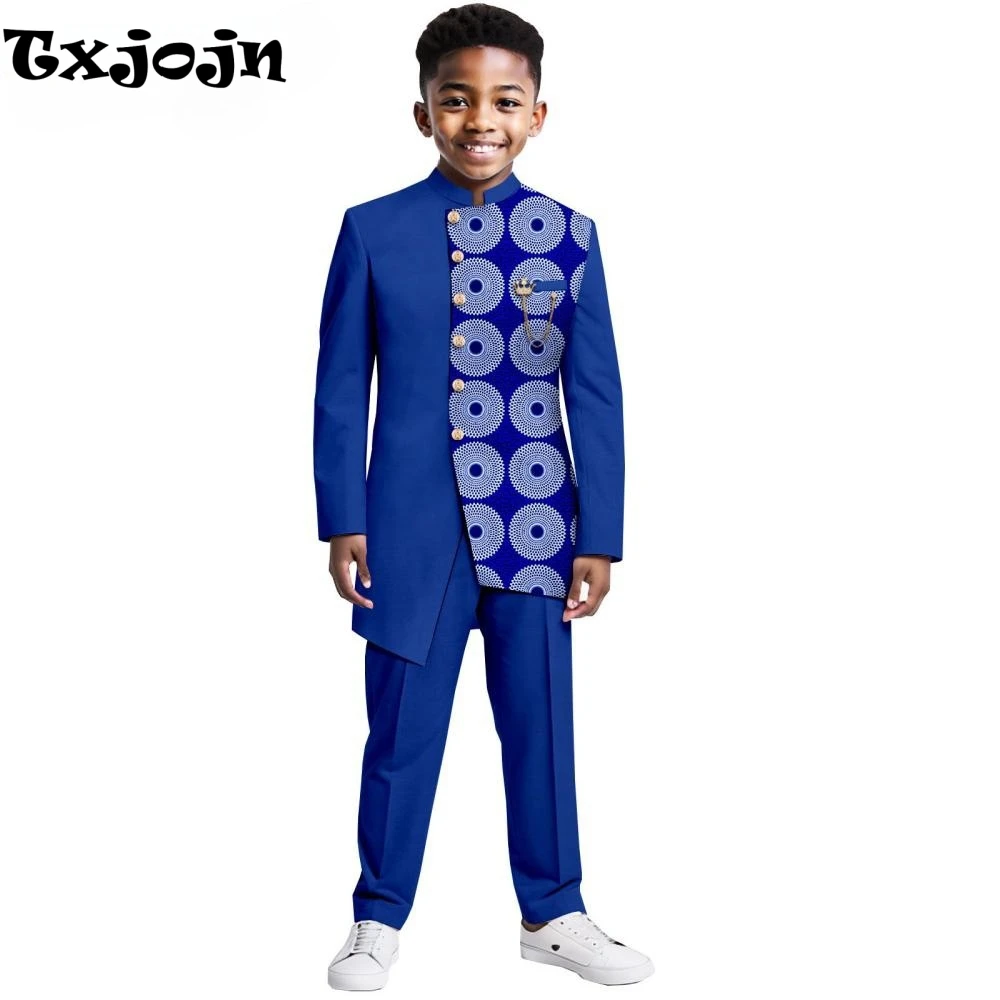 African Patterned Children's Elegant Suit Set 2 Pieces For Formal Occasion,Stylish Smart Boys Tuxedo Sets Wedding Outfit XS-XXL