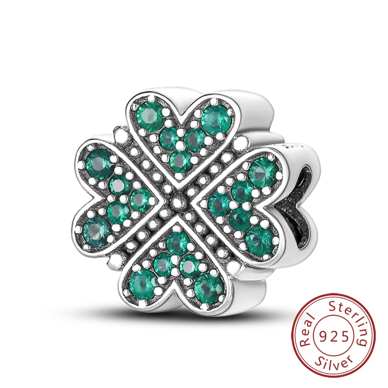 925 Sterling Silber Anhänger Charms Perlen Grünes Vierblättriges Kleeblatt Liebe Familienbaum Charms Passend für Original-Armband Damen Schmuck Geschenk