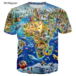 男性と女性のための3D原宿プリントTシャツ,世界地図と動物の楽しいTシャツ,人気の半袖ラウンドネックTシャツ,トップス