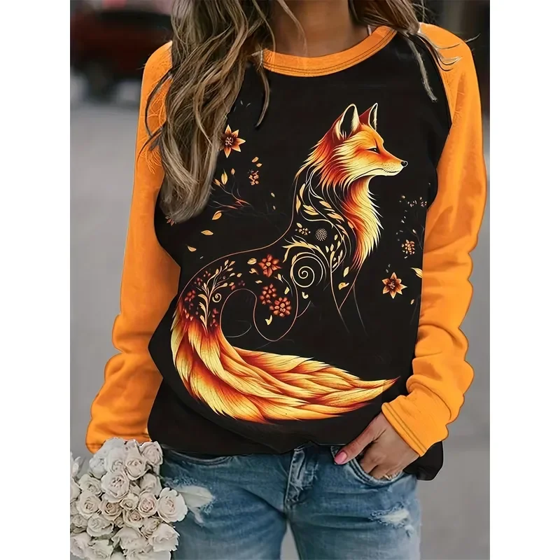 3D Printed Casual Long Sleeve Women Fox Print Round Neck Stitching Pullover 2026 Autumn Fashion Party Tops Trendy Streetwear