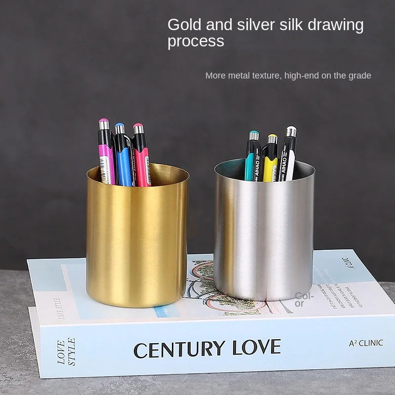 Circular Pen Holder Stainless Steel Metal Desktop Ornament Nordic Stationery Pen Insert Golden Vase Makeup Brush Storage Box