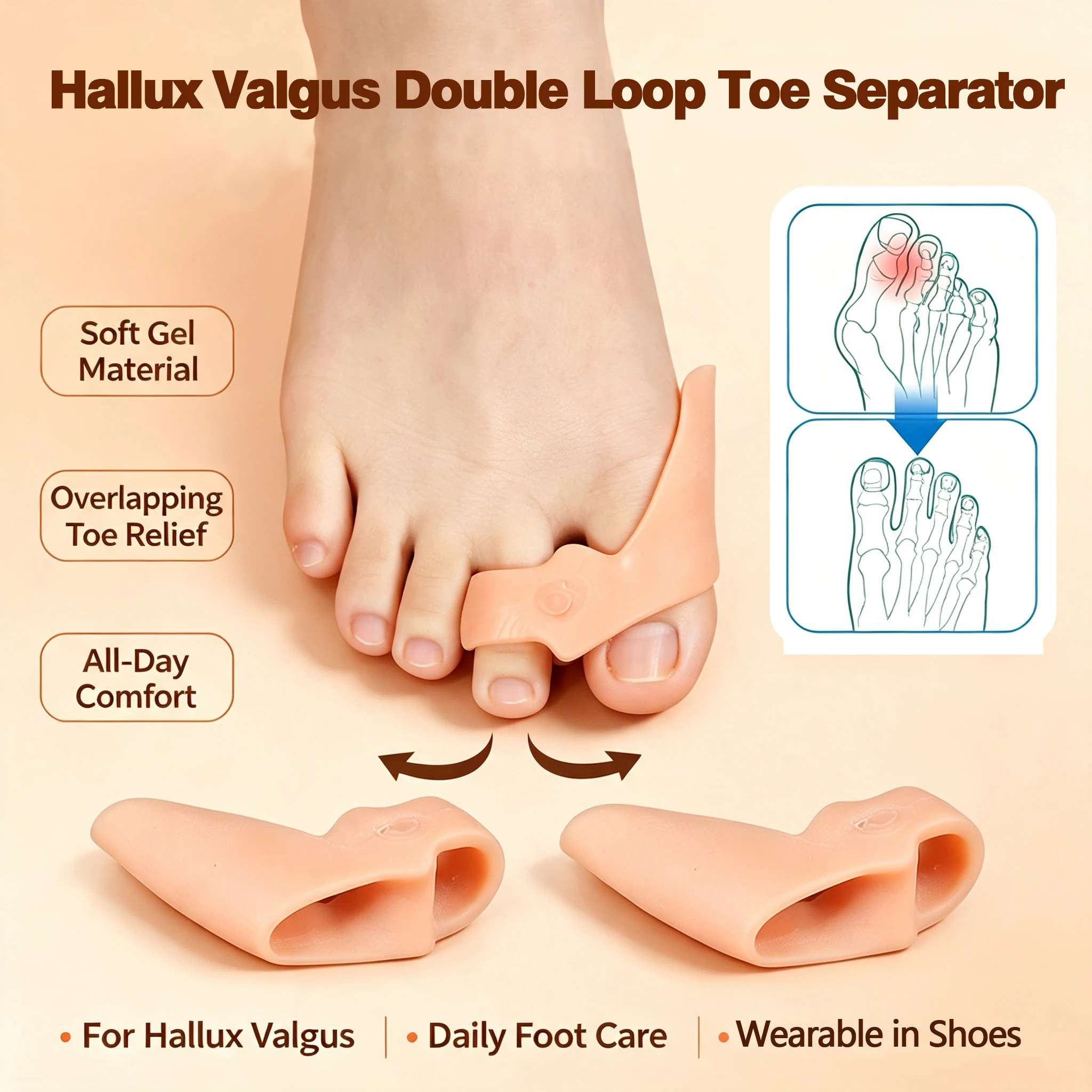 1pairsDouble Loop Hallux Valgus Toe Separator Corrector, Improves Metatarsal Protrusion & Overlapping Toes, Relieves Bunion Pain