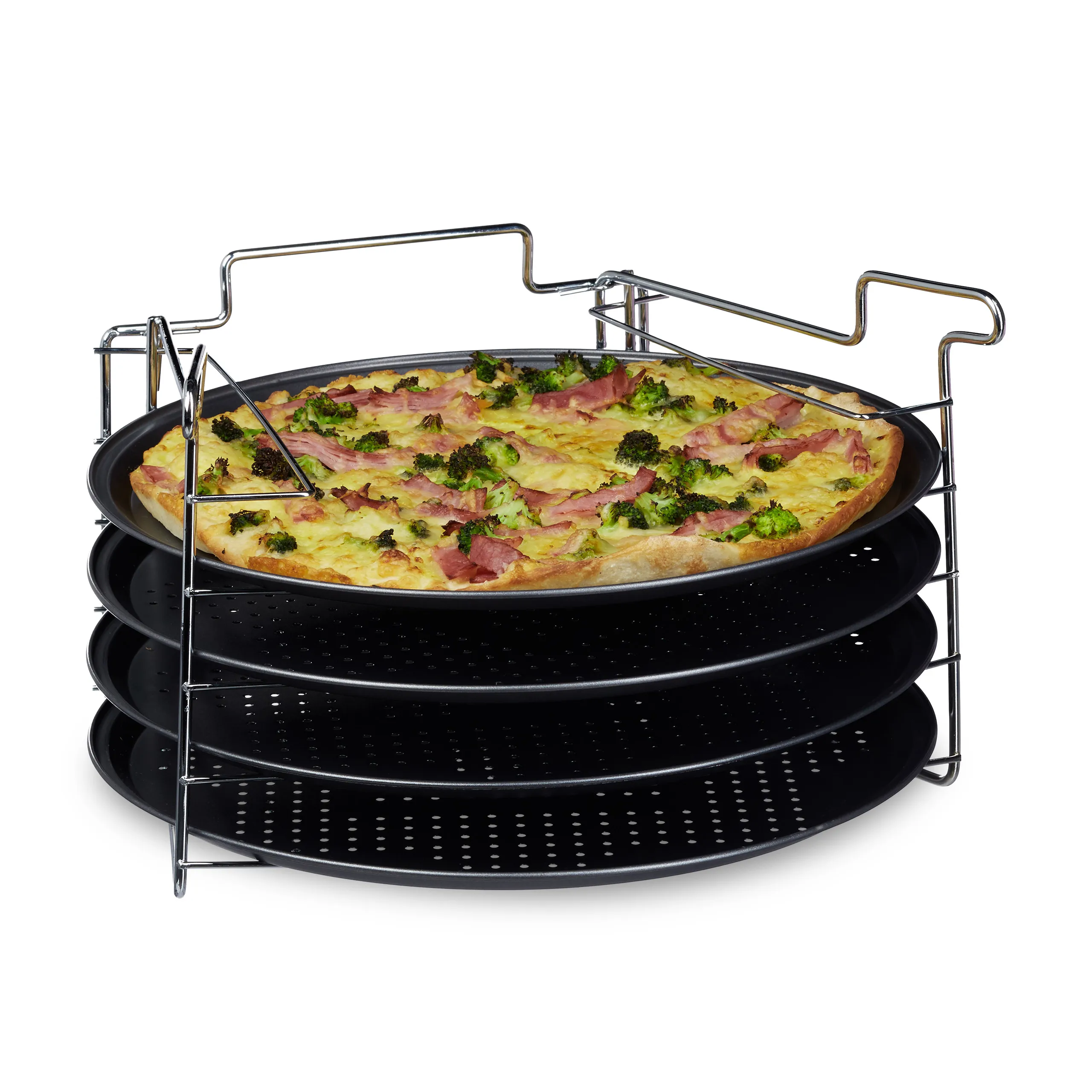 Set per la preparazione di pizza, 4 teglie con supporto, antiaderente, per pizza e torta a forma di fenicottero, con fori di ventilazione, in ferro e