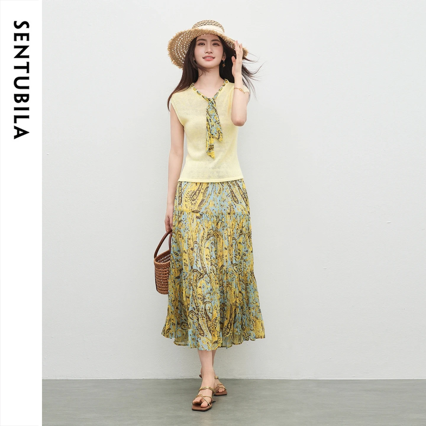 

SENTUBILA Retro Vacation 2-Piece Women's Matching Set Tie-Neck Knit Top Pleated Printed Skirt Summer Elegant Outfit 762ZL7502