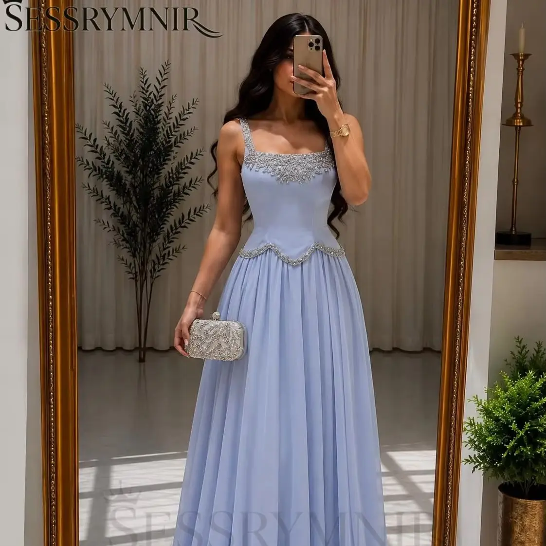 

SESSRYMNIR Women'S Formal Evening Gowns Customize A-Line Ruffle Evening Dresses Square Neckline Floor-Length Sleeveless Prom Dre