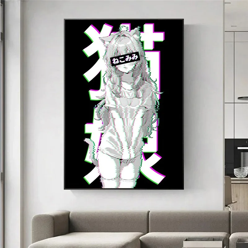 Anime Comic Neon Sexy Kawaii Cat Ears Girl Poster and Prints Canvas Printing Wall Art Picture for Living Room Bedroom Decor Gift