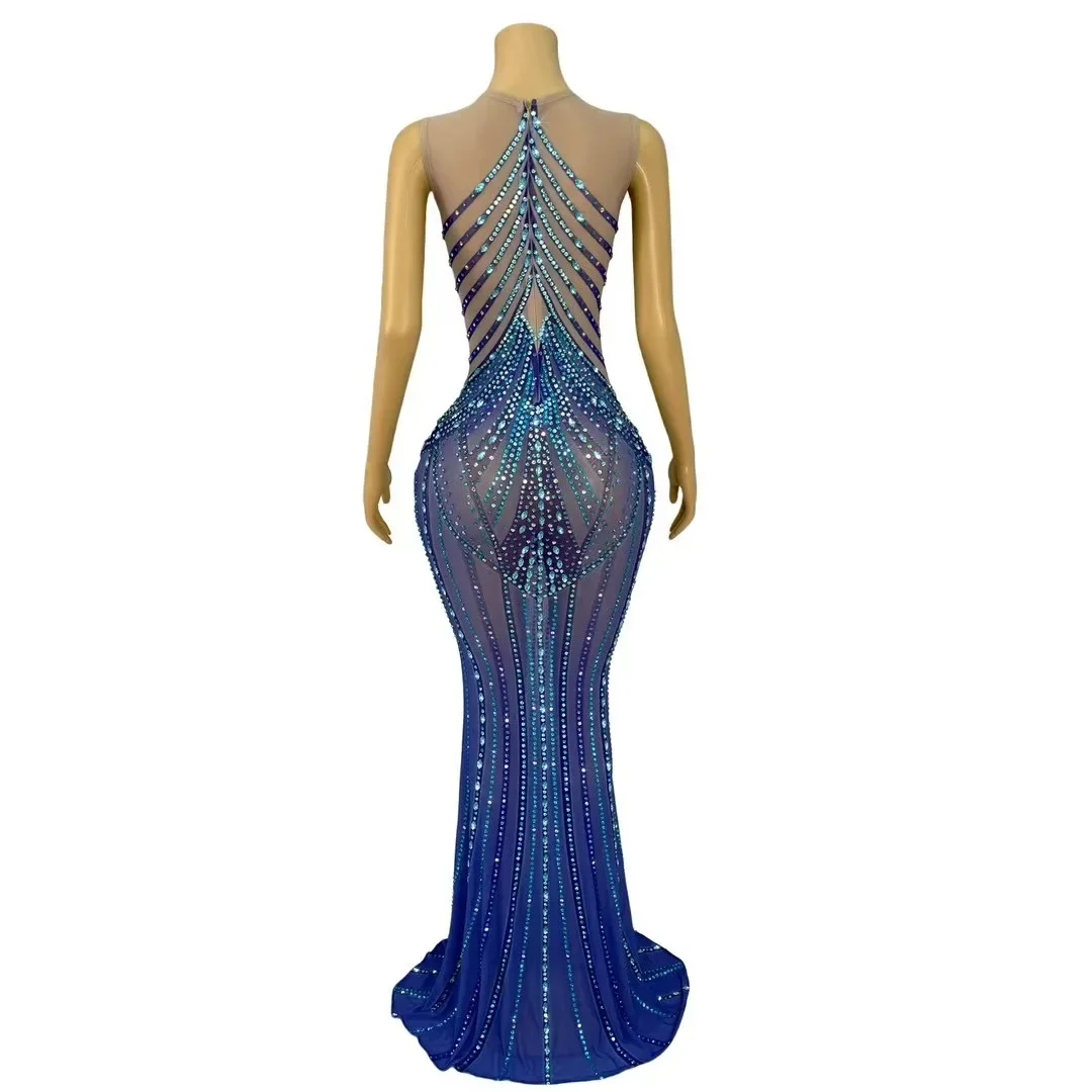 Design Temperament Blue Sparkling Rhinestone Mesh Dress Evening Party Red Carpet Elegant Dress Performance Dress Smurf